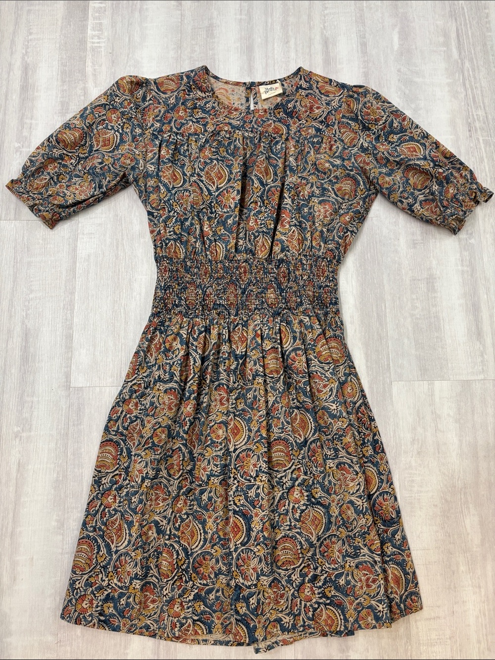 Mata Traders Boho Paisley Smocked Midi Dress - Blue & Brown Medium